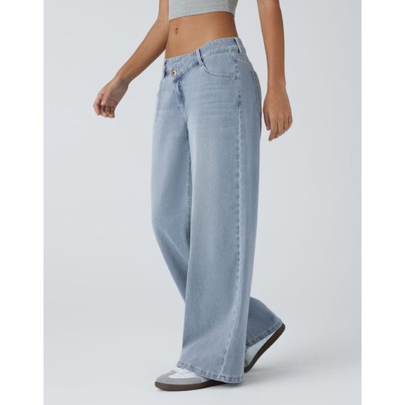 Halara Flex Asymmetric Low Rise Pockets Baggy Wide Leg Washed Casual Jeans Sz Sm - Picture 2 of 12